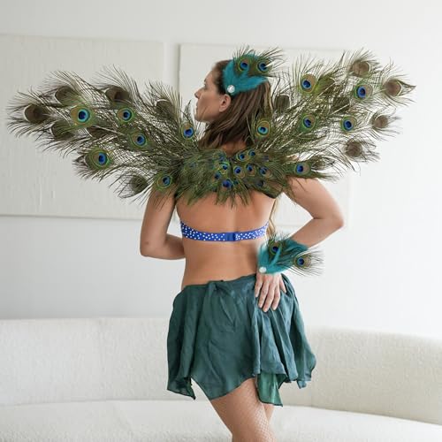 ZUCKER Emerald Eye Peacock Feather Wings and Cuffs Set Fairy Costume Accessories with Elastic Straps Fairy Wings for Family Group Halloween Dress Up