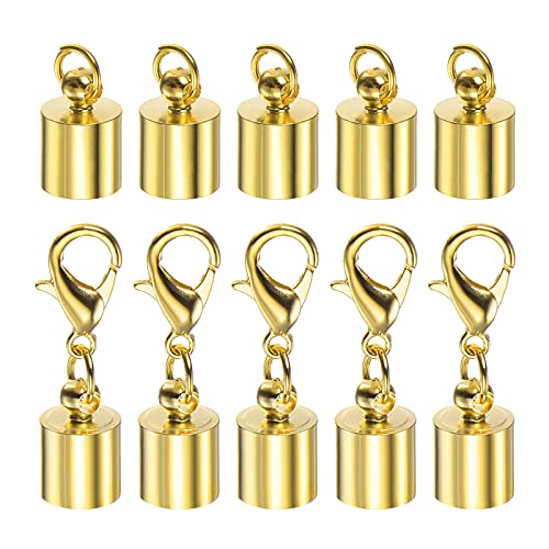 HARFINGTON 5pcs Cord End Cap 6.5mm ID Lobster Claw Clasp End Caps for DIY Bracelets Necklaces, Gold Tone