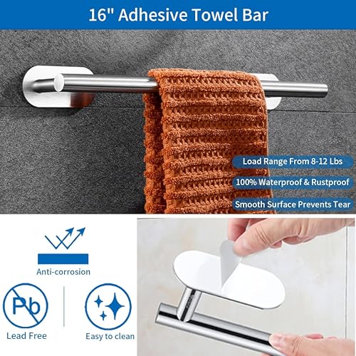 Image of JIALTO Bathroom Towel Holder | 4 Pcs Wall Mounted Bathroom Clothes Hanger with Adhesive Hooks | Towel Rod | Tissue Paper Holder | Bathroom Fittings Rod & Towel Stand (Silver, 4 - Pieces Set)