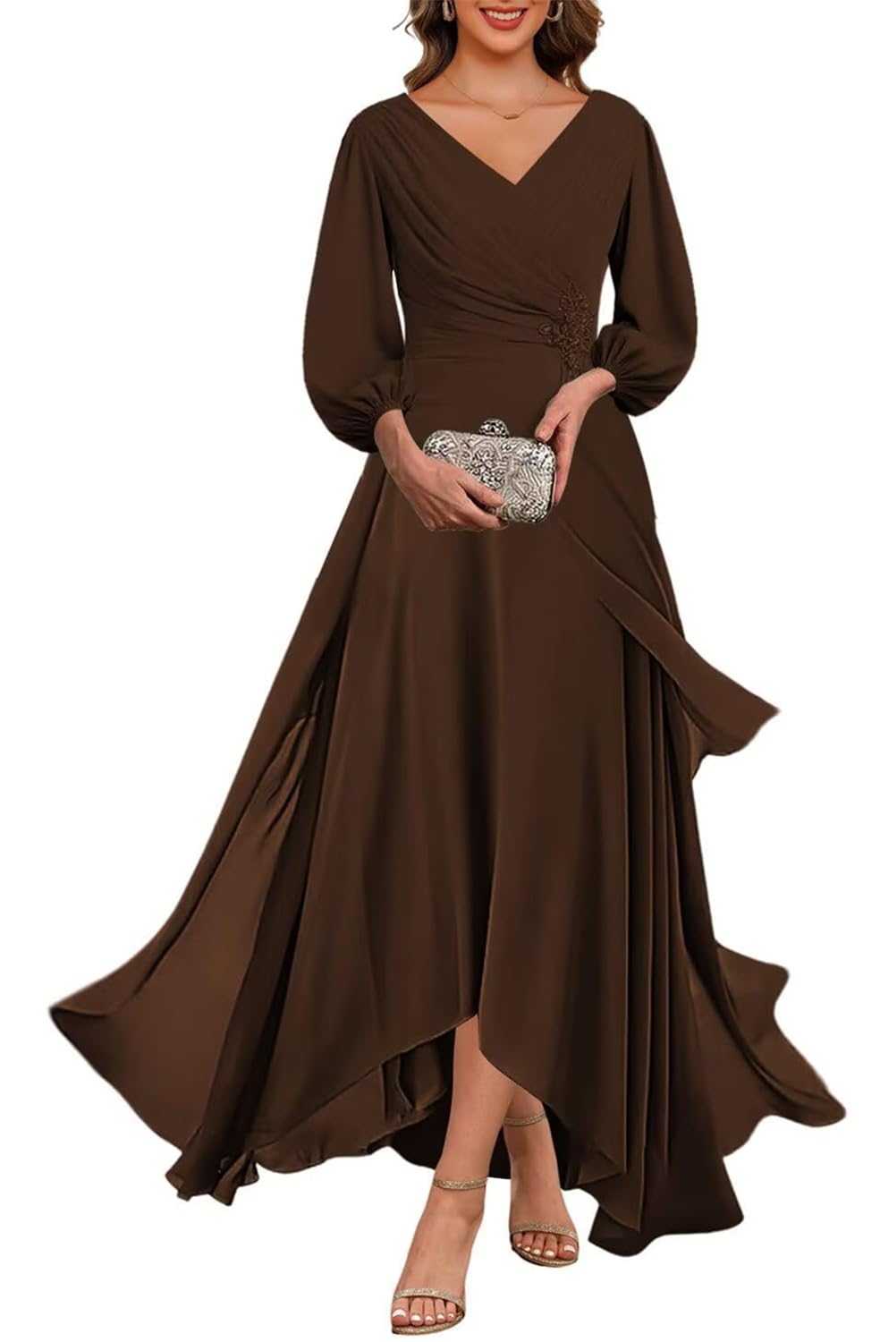 KIYNE Brown Mother of The Bride Dresses Long for Women Ankle Length Chiffon Mother of The Groom Dress with Sleeves UK14