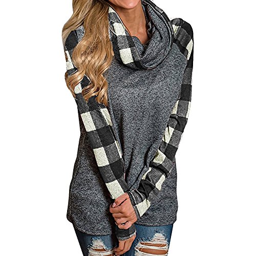 haoricu Ladies Plus Size Sweatshirt Womens Turtleneck Tops Plaid Shirts Tunic Long Sleeve Pullover Sweatshirt (Black, XXXL)