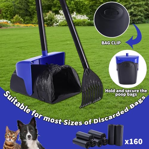 Image of Pooper Scooper Large Swivel Bin & Rake with 160 Waste Bags,Heavy Duty Dog Pooper Scooper with Bag Attachment for Large Small Dogs, Long Handle Poop Scooper with Lid for Yard, Grass, Gravel (Blue)