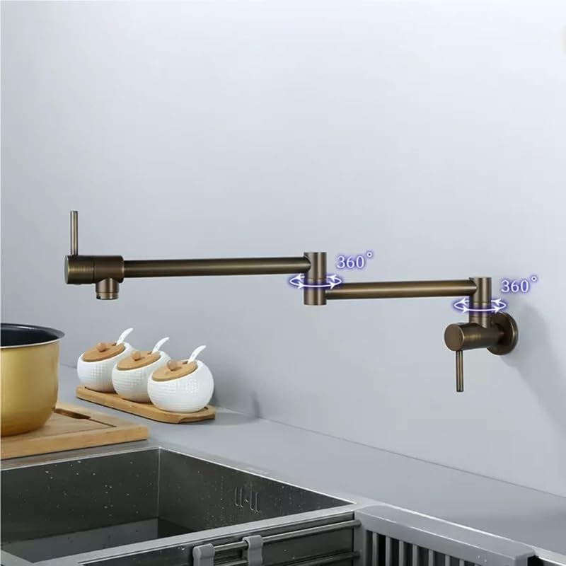 Rubinetto da Cucina a Parete in Ottone Anticato con Braccio Girevole a Doppio snodo, Design Pieghevole ed Estensibile per Un Facile utilizzo, Ideale per lavelli da Cucina, Finitura cromata.