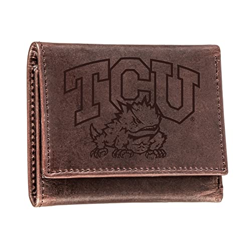 Team Sports America NCAA TCU Brown Wallet | Tri-Fold | Officially Licensed Stamped Logo | Made of Leather | Money and Card Organizer | Gift Box Included