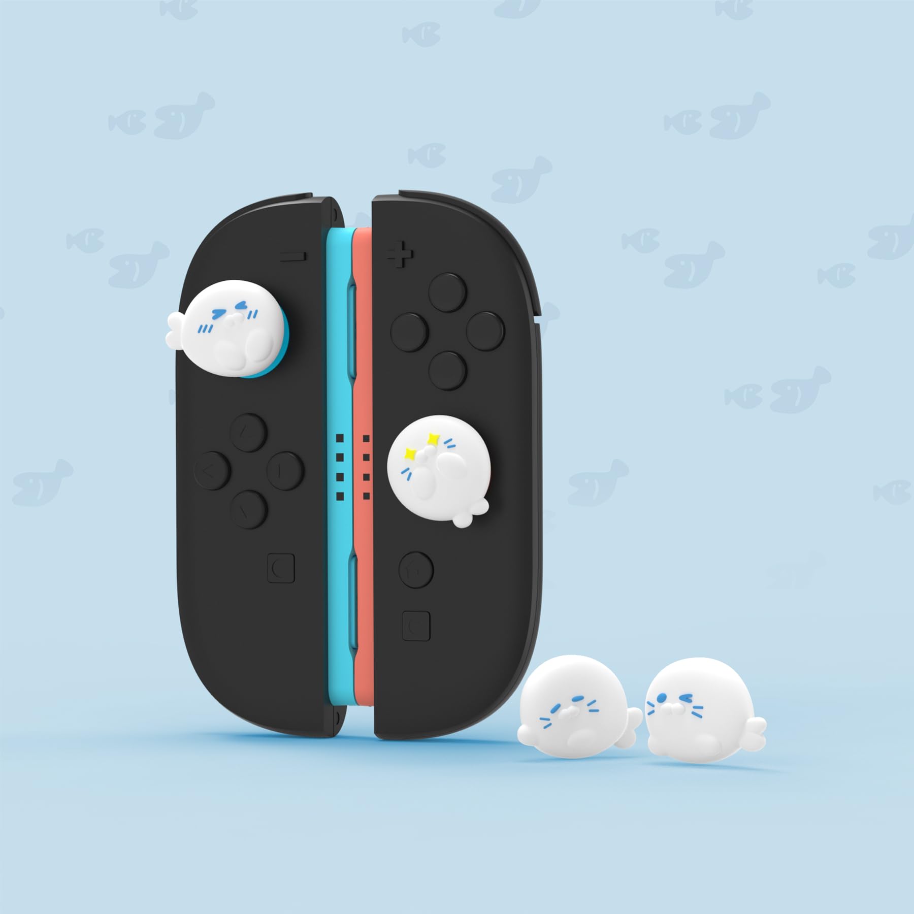PlayVital 4 Piezas de Agarres para el Pulgar para Nintendo Switch 2 2025, Kawaii Tapas de Silicona para Joysticks de Joycon, Protector para Joystick, Accesorios para Switch 2 (Escuadrón de Focas)