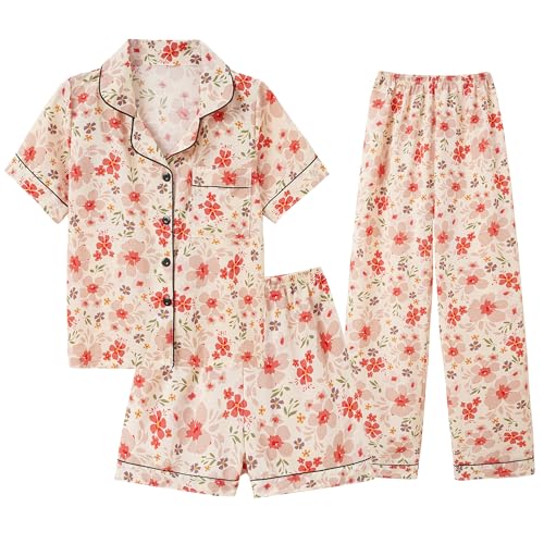 Image of Hupohoi Big Girls Button Down Pajama Set 3pcs Short Sleeve Long Pants with Shorts Crepe Wrinkled Fabric Sleepwear Nighty