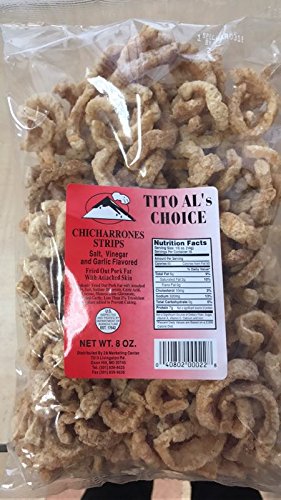 Tito Al's Choice Chicharrones (Fried out Pork Fat w/Attached Skin) 8 Oz / Pack of 2 (Salt, Vinegar and Garlic Flavored (Strips))