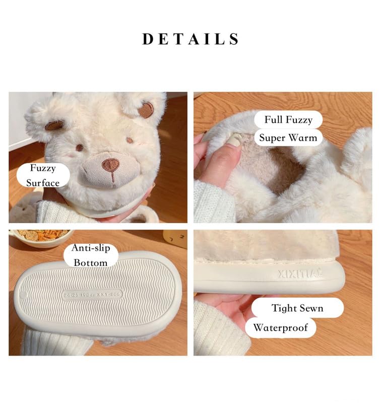 JHTPSLR Kawaii Cute Bear House Slippers - Women & Girls Winter Warm Indoor Fuzzy Slippers3