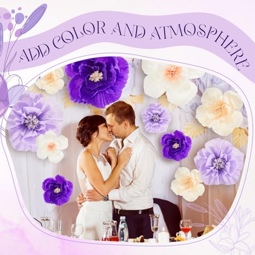 Image of Cholemy 24 Pcs Tissue Paper Flowers, Crepe Paper Flowers Decorations 8 inch 10 inch 12 inch for Wedding Party Baby Bridal Shower Carnival Party Birthday Nursery Wall Decor (Purple,Light Purple,White,Beige)
