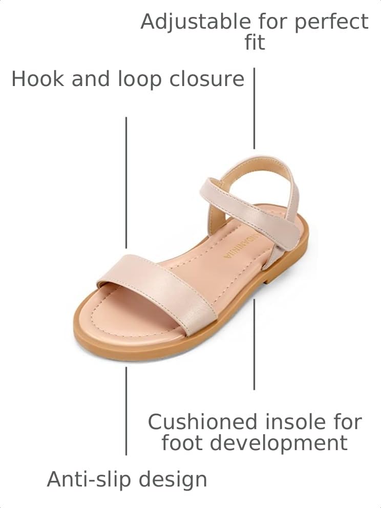 Image of PANDANINJIA Girls Sandals Open Toe Summer Flats Dress Shoes | Toddler /Little /Big Kid, Flower Girl, Lightweight Cushioned, Hook and Loop, Breathable Insole, Wedding, Party