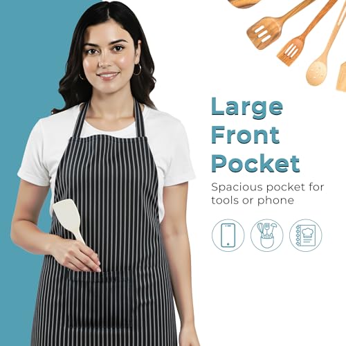 Image of Kuber Industries 3 Pcs Cotton Apron for Kitchen with Front Pocket | Cooking Aprons for Women & Men - Ideal for Home & Restaurant | Lining Design - Black