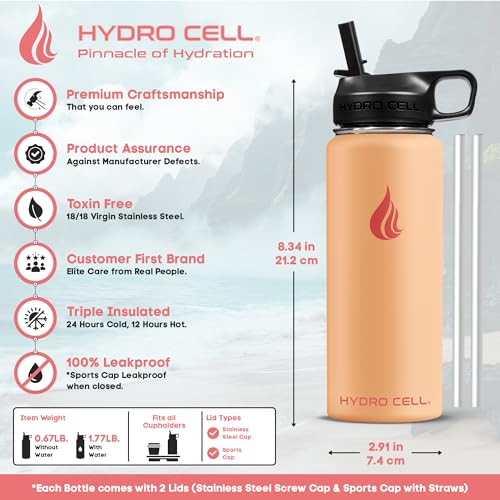 Image of HYDRO CELL Stainless Steel Insulated Water Bottle with Straw - For Cold & Hot Drinks - Metal Vacuum Flask with Screw Cap and Modern Leakproof Sport Thermos for Adults (Peach 18oz)