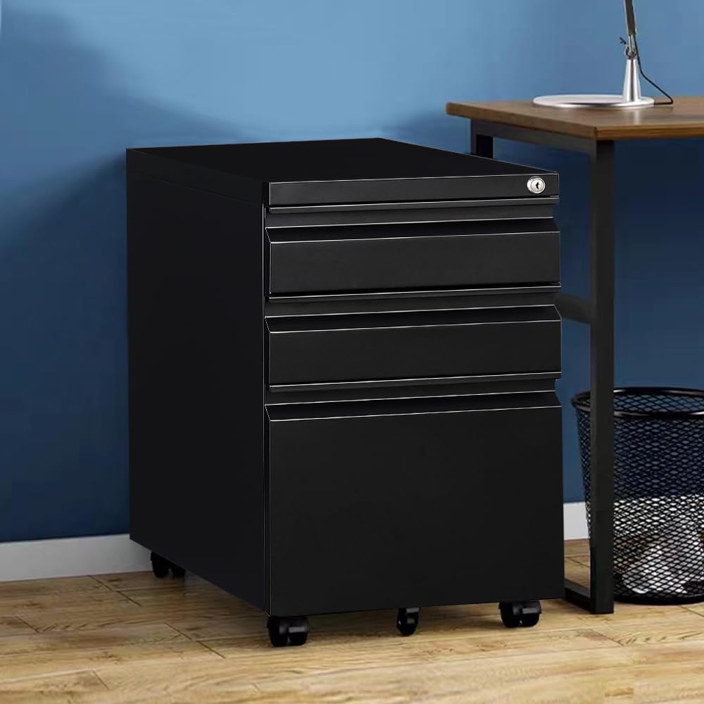 Panana Filing Cabinet on Wheels, 3 Drawers Metal Documents Cabinet With 5 casters Office Storage Unit (Black-3Drawer-Style3,W39*D46*H62cm)