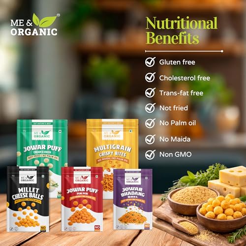 Image of ME&ORGANIC Premium Healthy Snacks Combo - Jowar Puffs Peri Peri, Cream & Onion Jowar Puffs, Millet Cheese Balls, Millet Bhel & Multigrain Crispy Bites | Wholesome, Crunchy, Guilt-Free Snacking Option for All Ages | Made with Natural Ingredients, Rich in Fiber & Nutrients | No Artificial Flavors or Preservatives | Perfect Tea-Time, Travel & Anytime Snack Pack