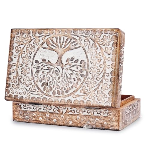 Ajuny Scatola decorativa in legno fatta a mano con albero della vita, colore bianco, versatile, utilizzabile come portagioie per souvenir o orologi