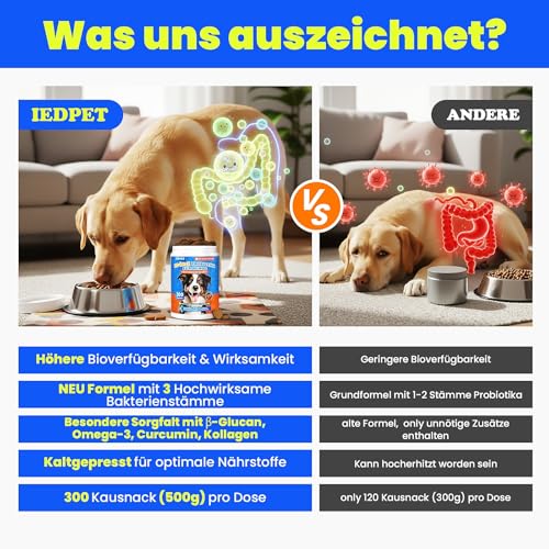 10-in-1 Probiotika für Hunde - 500g Leckerli mit wertvollen Kulturen & Präbiotika. Für das tägliche Wohlbefinden. Einfache Fütterung, hohe Akzeptanz. 300 Snacks