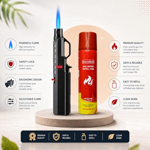 Image of INSTAMALL Windproof Refillable Ignition Flame Torch Butane Lighter with 100ml Gas Refill Can, Multicolor (Flame +Bottle)
