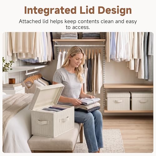 Image of StorageWorks Fabric Storage Bins with Lid, Decorative Storage Boxes for Shelves, Stackable Closet Organizer Basket with Handles, Medium, Khaki and Beige Stripes, 2-Pack