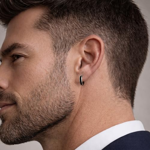 Image of TRUESILVER ACPL 925 Sterling Silver Hoop Earrings for Men | BIS Hallmarked Huggie Hoop Earrings | Minimalist Vintage Chunky Silver Hoops for Men
