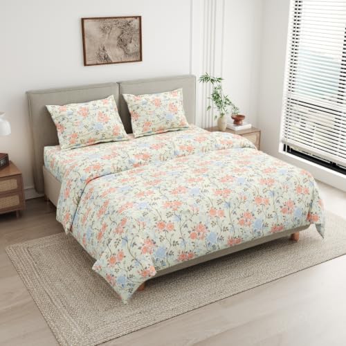 haus & kinder Double Bedsheet for Queen Size Bed | 90 x 100 Inches 144 TC Cotton Bedsheet for Double Bed with 2 Pillow Covers - Petalhaze