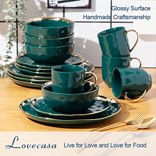 Tafelservice Steinzeug, LOVECASA SWEET Kombiservice modern, 16-teilig Geschirrservice für 4 Personen | Speiseteller, Kuchenteller, Becher und Schüsseln