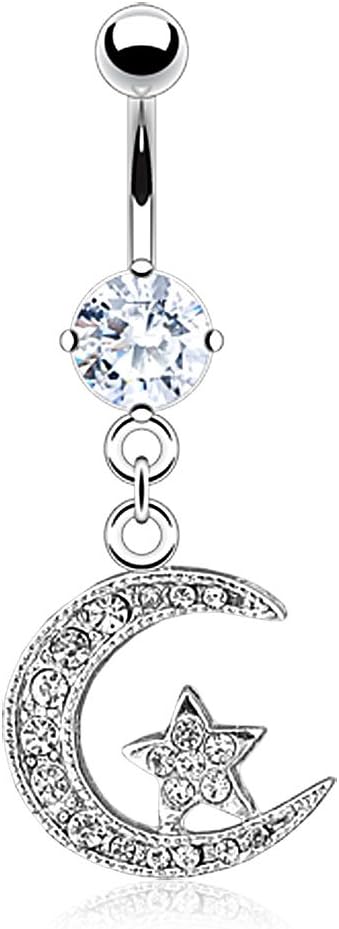 14GA Stainless Steel CZ Crystal Paved Crescent Moon and Star Dangling Belly Button Ring
