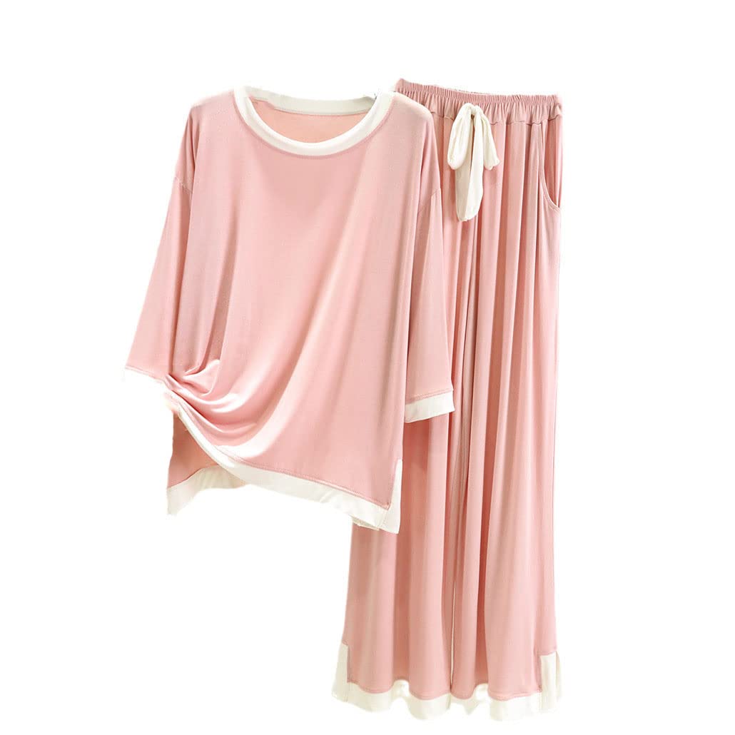 Pijamas de primavera para mujer, conjuntos de pijama de algodón modal, trajes sueltos para el hogar, conjuntos de 2 piezas, ropa cómoda para el hogar, rosa, M