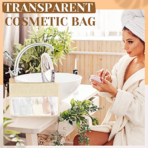 Silkfly 9 Pcs Braid Clear Straw Leather Travel Makeup Bag PU Leather Pouch with Zipper and Wristlet Clear Travel Pouch Waterproof Portable PVC Cosmetic Bag for Women, Beige3