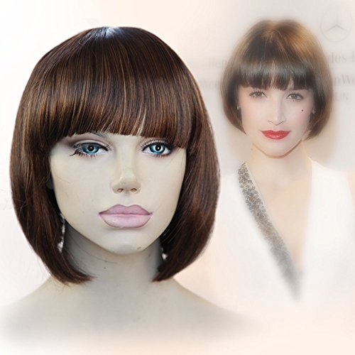 Cbwigs Fashion Brown Short Bob Straight Machine Made Wigs Modern Silk Straight Haircut Short Synthetic None Lace Wigs with Bangs for American African Women 2/30 Color