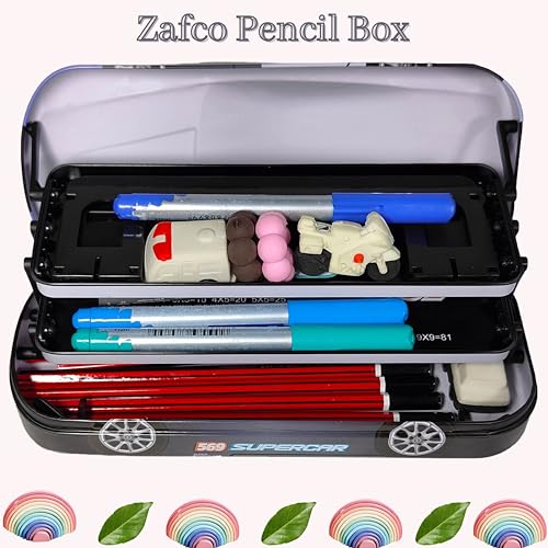 Image of ZAFCO Metal Pencil Box for Boys | Compass for Kids | Pen Box for Students | Geometry for School | Car Theme | Birthday Return Gift 1 Unit (Black)