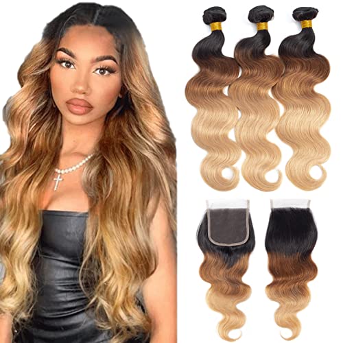 12A Ombre Brazilian Virgin Hair Bundles with 4×4 Lace Closure (14 16 18+12") Ombre Brazilian Remy Body Wave Human Hair 3 Bundles with Closure 100% Unprocessed 3 Tone Ombre Hair Bundles with Closure