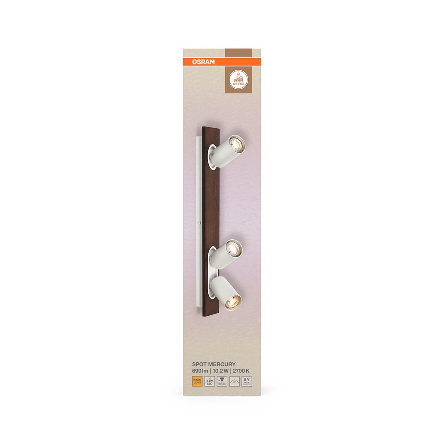 Osram DECOR Spot Mercury, 3 x 3,4 W, 690 lm, effetto legno, bianco, faretto, teste regolabili, versatili, faretto interno, lampadine LED sostituibili, luce bianca calda, GU10