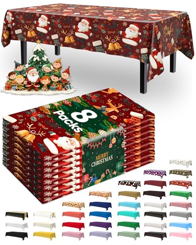 Pureegg Plastic Table Cloth Disposable 8 Pack, 54 x 108 Inch Rectangle Tablecloths, Sturdy Leakproof Plastic Covers for Party, Picnic, Wedding, Winter & Xmas Decoration, Christmas Red