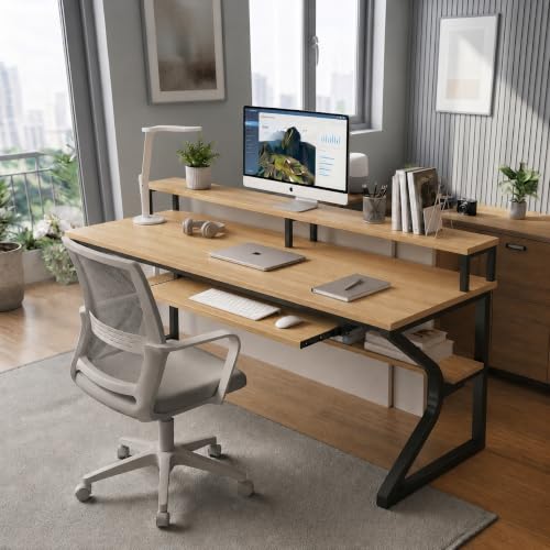 Image of TEKAVO Plik Computer Table for Home Pc | Office Table for Home | Shelf, Moniter Riser & Keyboard Tray, Laptop Table, Worktable, Study Table, Workstation | Forest (150 Cm x 60 Cm) DIY