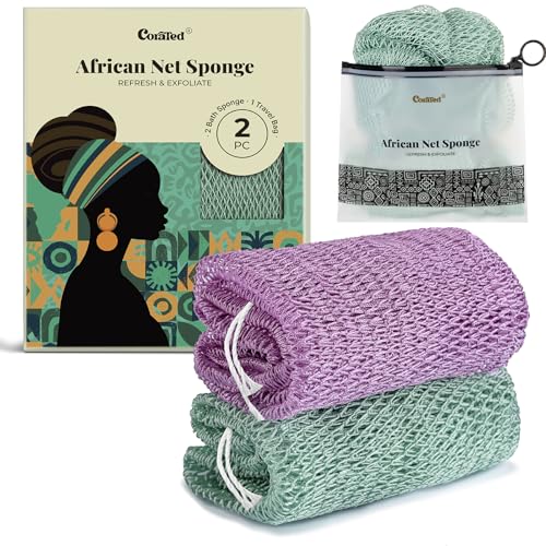 CORATED 2 Stück Afrikanischer Netzschwamm African Net Sponge Peeling-Netzschwämme Rückenexfoliierer Schönheits-Hautreinigung für Dusche und SPA Hellviolett und Hellgrün