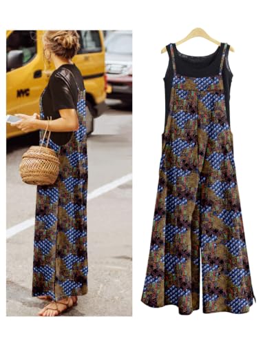 Image of YESNO Women Casual Loose Long Bib Pants Wide Leg Jumpsuits Baggy Cotton Rompers Overalls with Pockets PZZTYP2