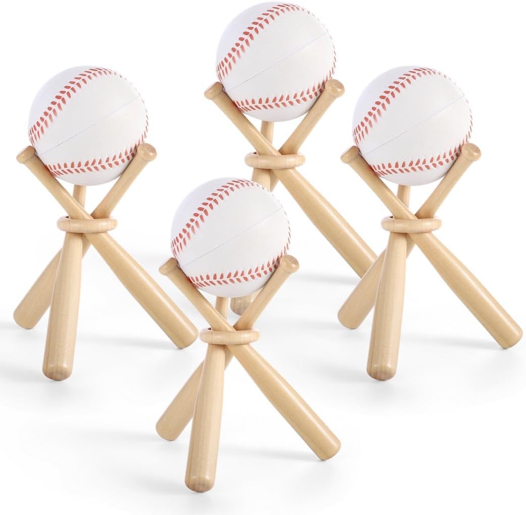 4 Pack Mini Wooden Bat Display Stands With 12 Mini Baseball Bats & 4 Rings, Cute Softball Bat Holders For Home Run & Game Balls