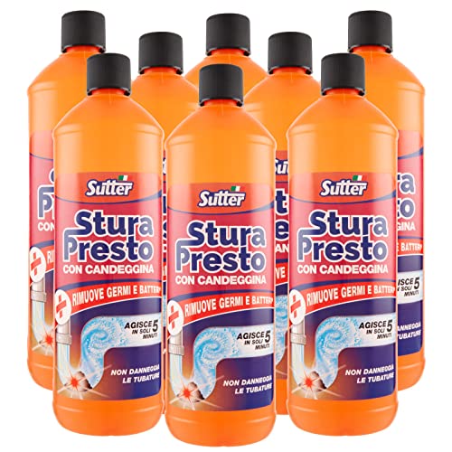 SUTTER 8 x Stura Presto - Desatascador de gel con lejía para desagües de lavabos y bañeras – 8 botellas de 1 litro, sin perfume, sólido