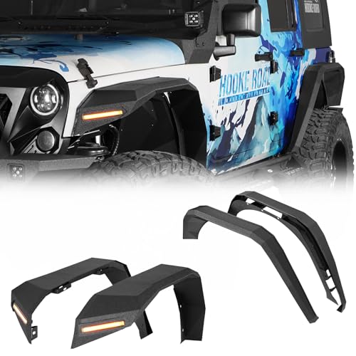 Image of Hooke Road JK 8.7 inch Wide Flat Fender Flares Kit for 2007-2018 Jeep Wrangler JK & Unlimited 2 /4 Doors, 4PCS Off-road Fenders w /Lights