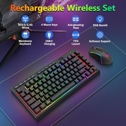 Image of Redragon Wireless Gaming Keyboard and Mouse Combo, Bluetooth /2.4G /USB-C Wired, RGB Backlit, 75% Portable Quiet Rechargeable Macro Membrane Keyboard & 12800 DPI Mouse with Software for Win /MAC