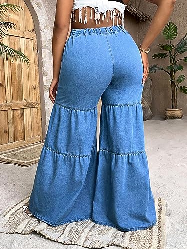 WDIRARA Women's Ruffle Trim Hem Wide Leg Elastic High Waisted Summer Denim Jean Flare Pants2