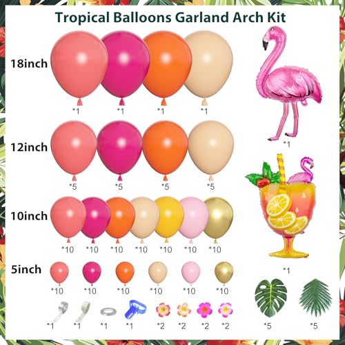 Image of Ouddy Life 178Pcs Tropical Balloons Arch Garland Kit Luau Party Decorations | Aloha Pineapple Coconut Hot Pink Aqua Blue Balloons with Palm Leaves for Hawaiian Summer Tropical Birthday Party Supplies
