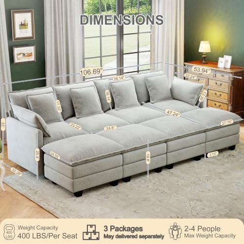 Image of 107 inch Cloud Couch Sectional Modular Sofa, Deep Seat Couches with Ottoman and Removable Washable Pillows for Living Room, Bedroom, Apartment, Light Grey