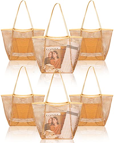 Cunno 6 Pieces Mesh Beach Tote Bag for Women Summer Waterproof Sandproof Shoulder Bag for Travel Vacation Shopping Picnic(Khaki)
