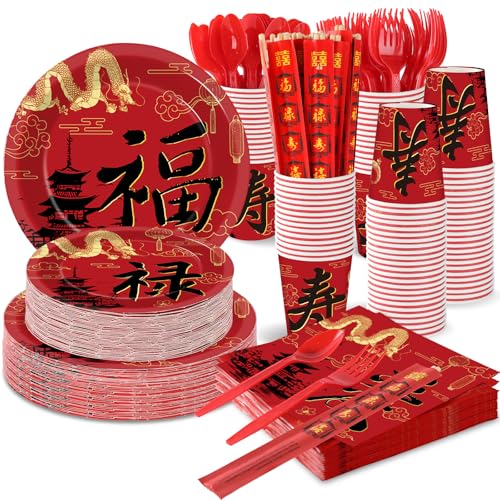 party greeting 175 Pcs Hibachi Party Decorations Japanese Party Supplies Includes hibachi Paper Plates Napkins Forks Spoons Chopstick for Chinese Japanese Themed Birthday Decorations Serves 25(Red)