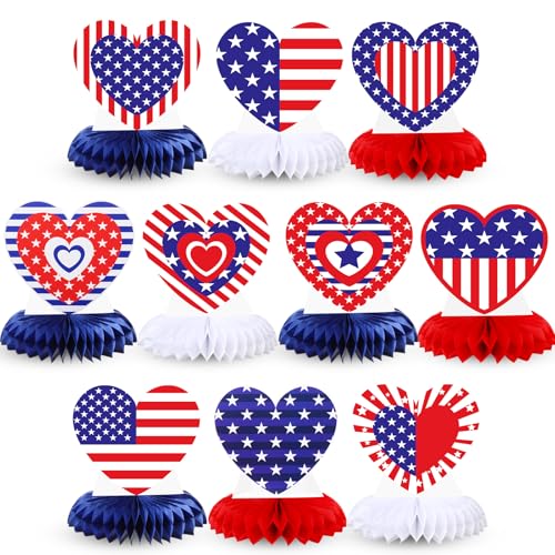 Spiareal 10 Pcs Veterans Honeycomb Centerpieces,Heart,White,Red,Blue