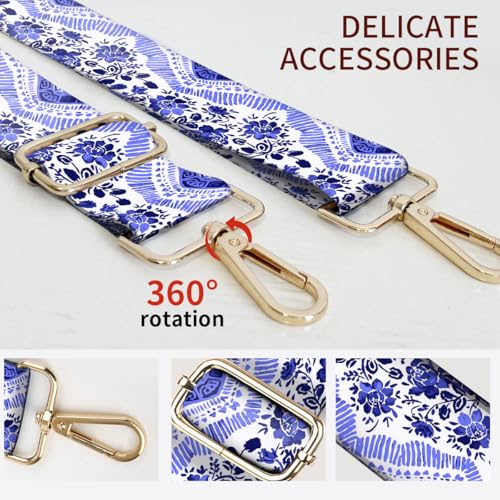 Image of Purse Strap Replacement Crossbody, 3.8cm Wide Shoulder Strap Adjustable Replacement Belt Gold Buckle, Handbag Crossbody Bag Strap Luxury Blue Boho Pattern