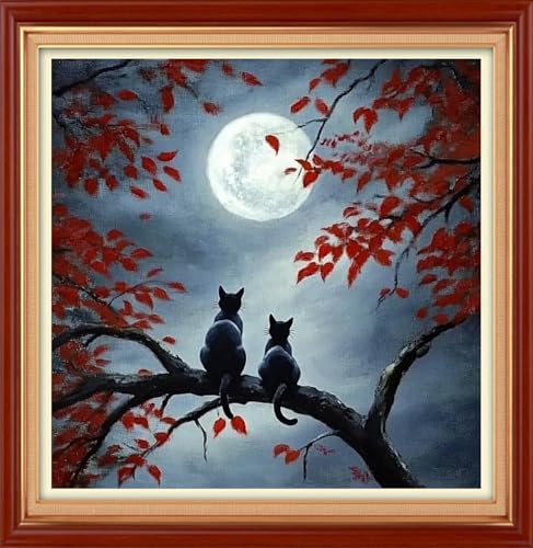 Image of Foxhool Stamped Cross Stitch Kits,11CT Printed Cross Stitch Pattern Full Embroidery Kits for Beginner Needlepoint Kits&Two Cats Admiring the Moon 18x18 inch