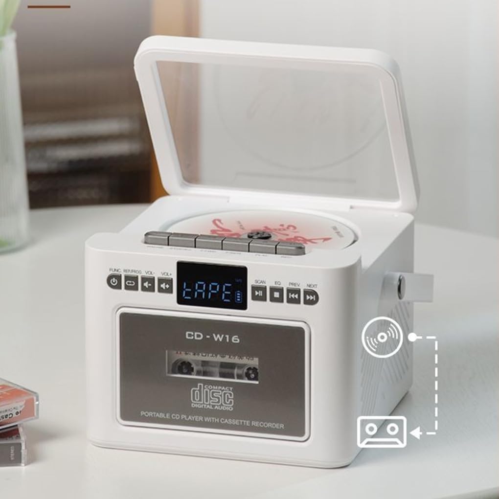Lettore CD con altoparlante Bluetooth bidirezionale, suono HIFI, schede TF, modalità unità USB, batteria a lunga durata, modalità nastro ABS, bianco, Ha la funzione nastro