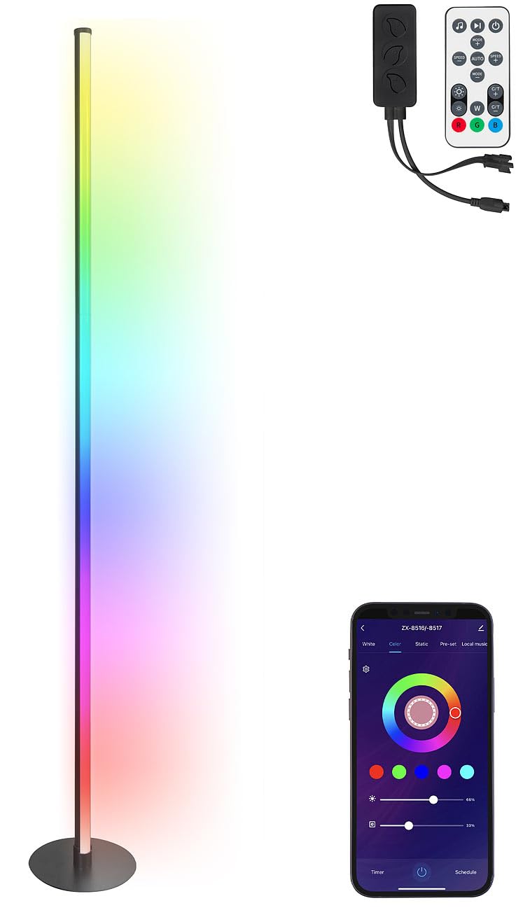 Luminea Home Control Stehlampe LED: WLAN-Steh-/Eck-Leuchte, RGB-IC-LEDs, 12W, dimmbar, App, 155cm, schwarz (Ecklampe, Stehleuchte RGB, Disco)